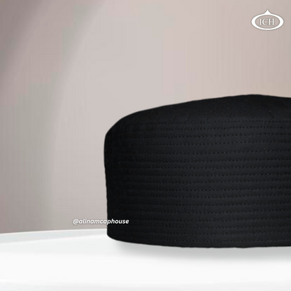 Badar Cap black, Muslim kufi prayer cap, side view, comfortable fit, AL INAM CAP HOUSE