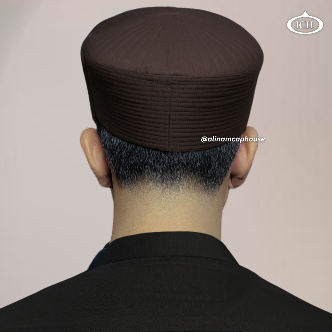  Badar Cap brown, Islamic prayer wear, back view, handcrafted detail, AL INAM CAP HOUSE