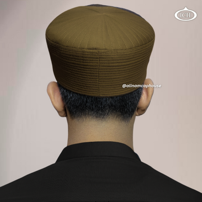 Badar Cap camel, Islamic prayer wear, back view, handcrafted detail, AL INAM CAP HOUSE