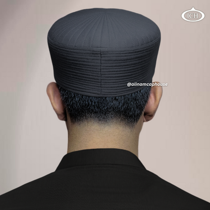 Badar Cap dark grey, Islamic prayer wear, back view, handcrafted detail, AL INAM CAP HOUSE