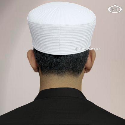 Badar Cap dove white, Islamic prayer wear, back view, handcrafted detail, AL INAM CAP HOUSE