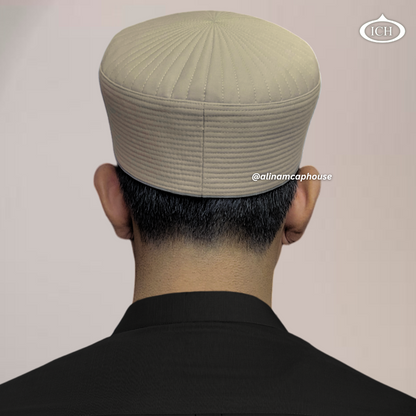 Badar Cap khaki, Islamic prayer wear, back view, handcrafted detail, AL INAM CAP HOUSE