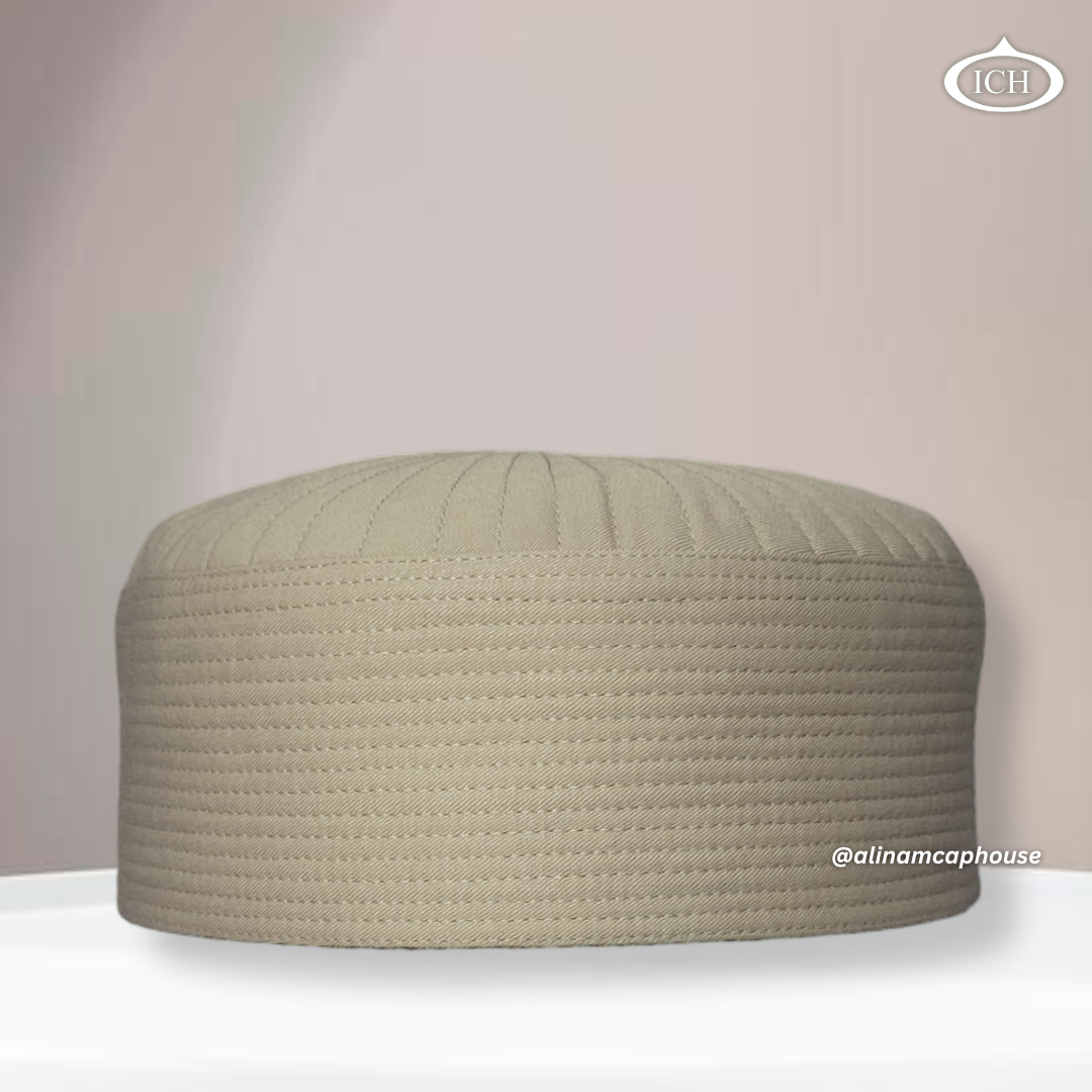 Badar Cap khaki, premium Islamic prayer cap, front view, soft breathable fabric, AL INAM CAP HOUSE
