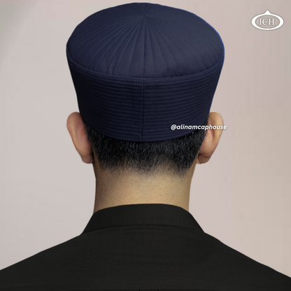 Badar Cap navy blue, Islamic prayer wear, back view, handcrafted detail, AL INAM CAP HOUSE