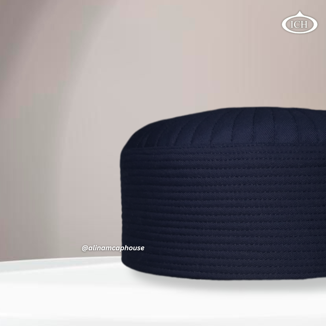 Badar Cap navy blue, Muslim kufi prayer cap, side view, comfortable fit, AL INAM CAP HOUSE
