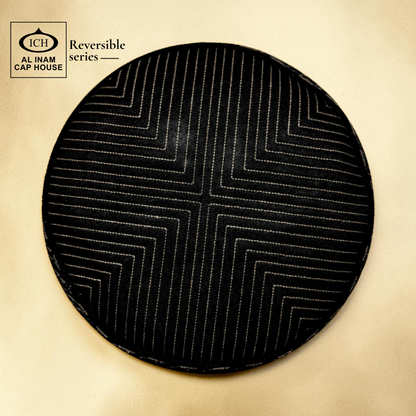AL INAM black and golden Islamic skull cap top view featuring geometric woven design – stylish reversible prayer cap for everyday ibadah.