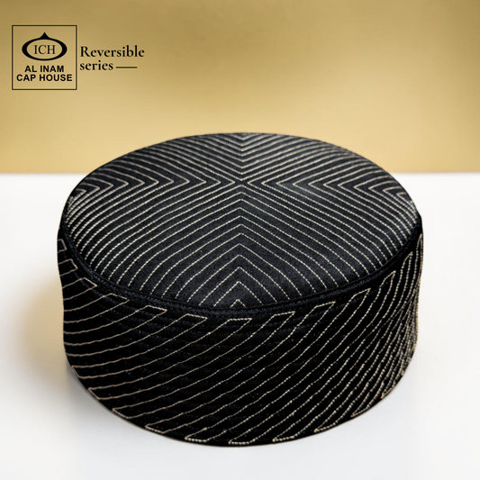 AL INAM black and golden reversible Islamic prayer cap FRONT / MAIN VIEW – premium Muslim kufi cap with fine textured stitching for salah, masjid, and daily wear.