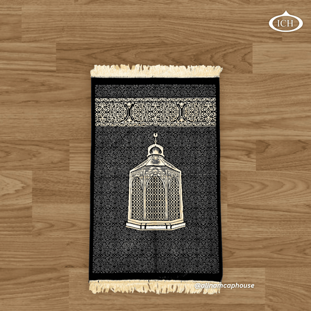 Luxury Black Islamic Prayer Rug by Al Inam Cap House – High-quality durable namaz mat for daily worship and Ramadan prayers.