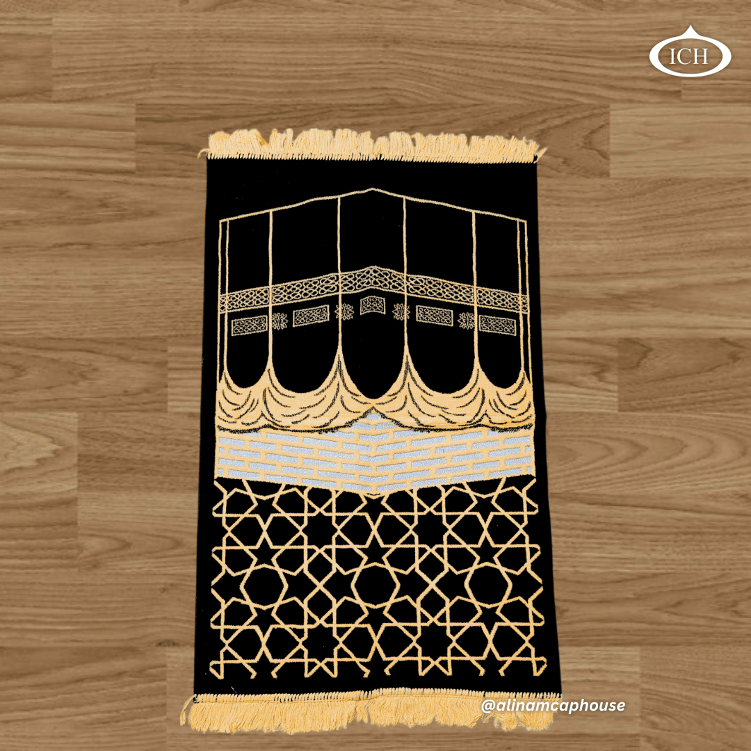 High-quality Black Islamic Prayer Rug by Al Inam Cap House – Elegant design, durable material, and perfect for daily namaz.