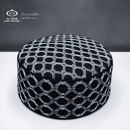 AL INAM black and silver reversible kufi cap FRONT / MAIN VIEW showcasing detailed stitching and refined finish – breathable Islamic prayer topi for comfort and style.