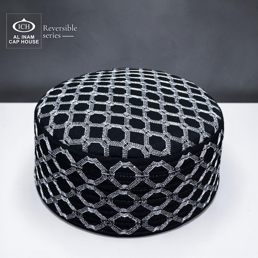 AL INAM black and silver reversible kufi cap FRONT / MAIN VIEW showcasing detailed stitching and refined finish – breathable Islamic prayer topi for comfort and style.