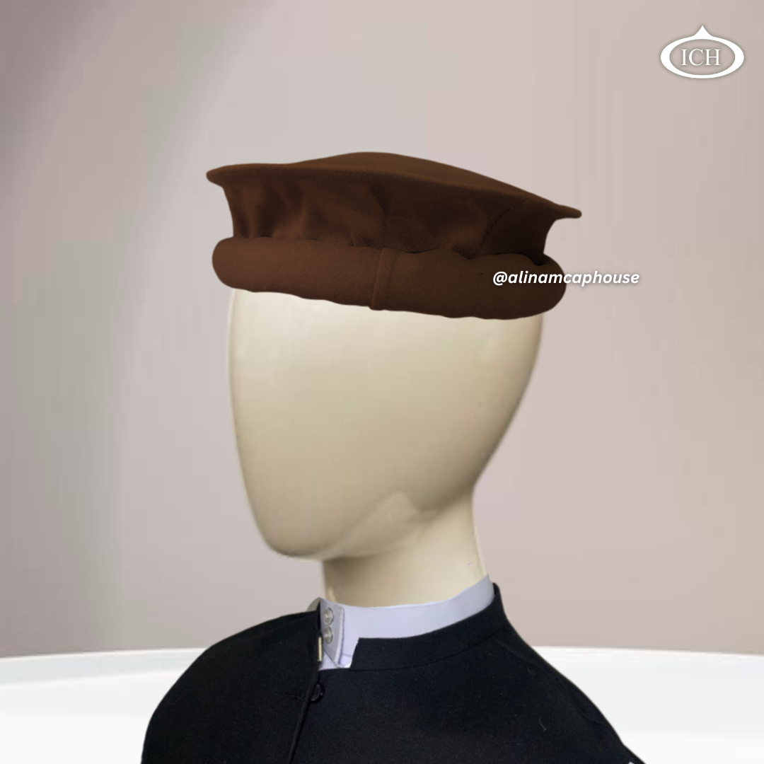 Brown blazer Kabuli cap angled, rich fabric detail, elegant prayer cap