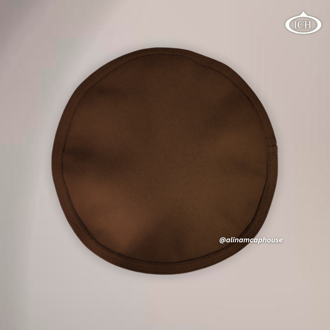 Brown Islamic Kabuli topi, top view, blazer material texture, circular design
