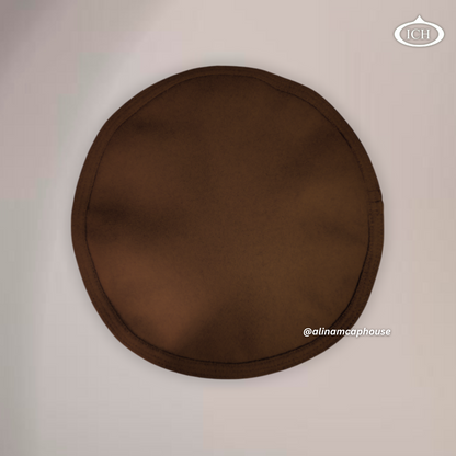 Brown Islamic Kabuli topi, top view, blazer material texture, circular design