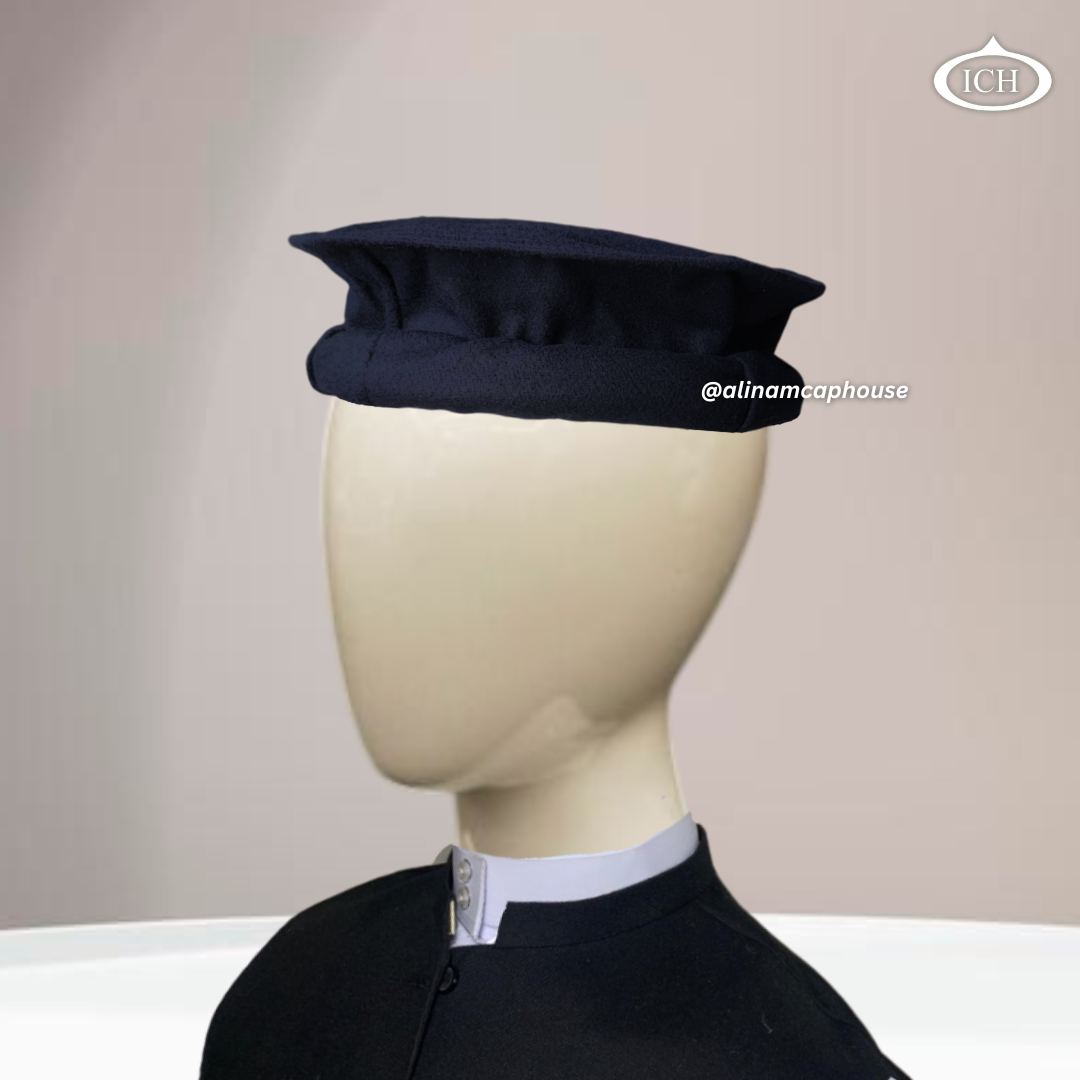 Dark blue blazer Kabuli cap at angle, subtle designer detail, stylish Islamic cap