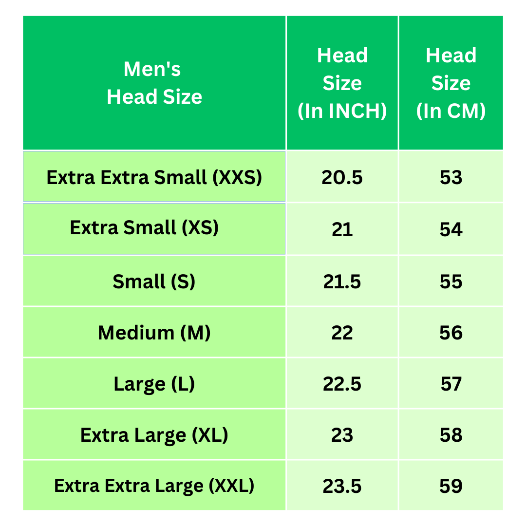 Men's prayer cap sizing guide: head circumference from 20.5 to 23.5 inches (53–59 cm), covering XXS to XXL.