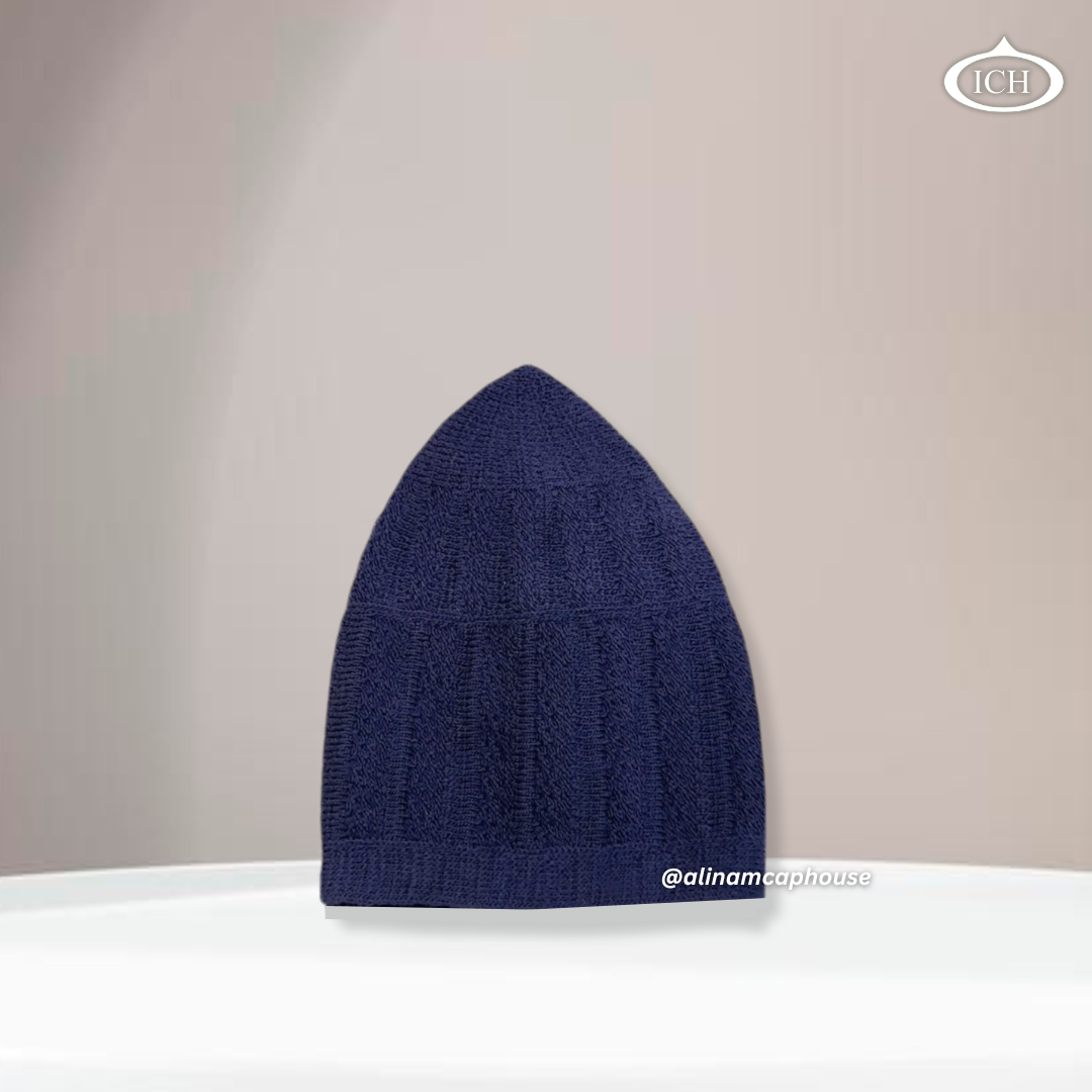 N04 blue, Islamic prayer cap, side view, snug fit, handcrafted detail, AL INAM CAP HOUSE