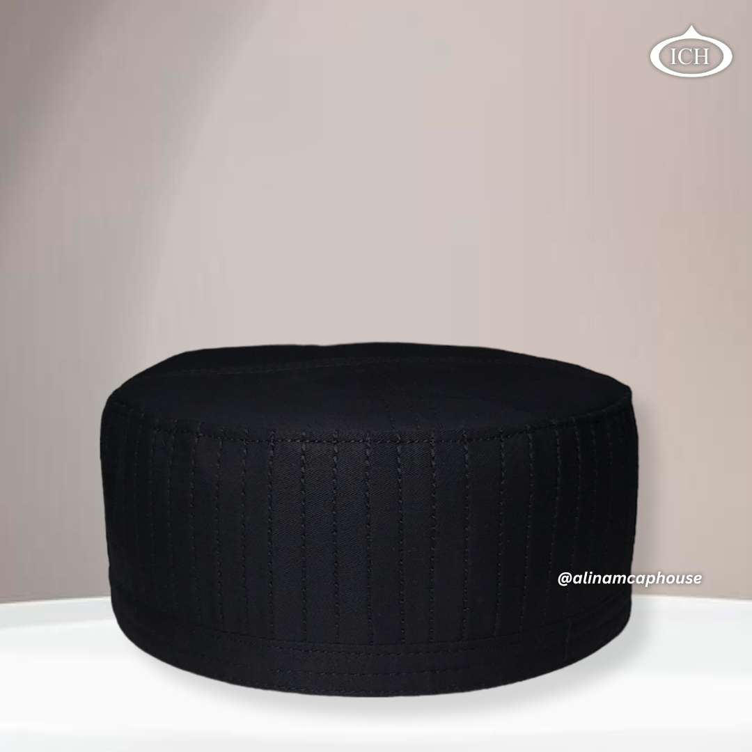 Al Inam Cap black, premium Islamic cap, angled view, tradition and devotion, AL INAM CAP HOUSE