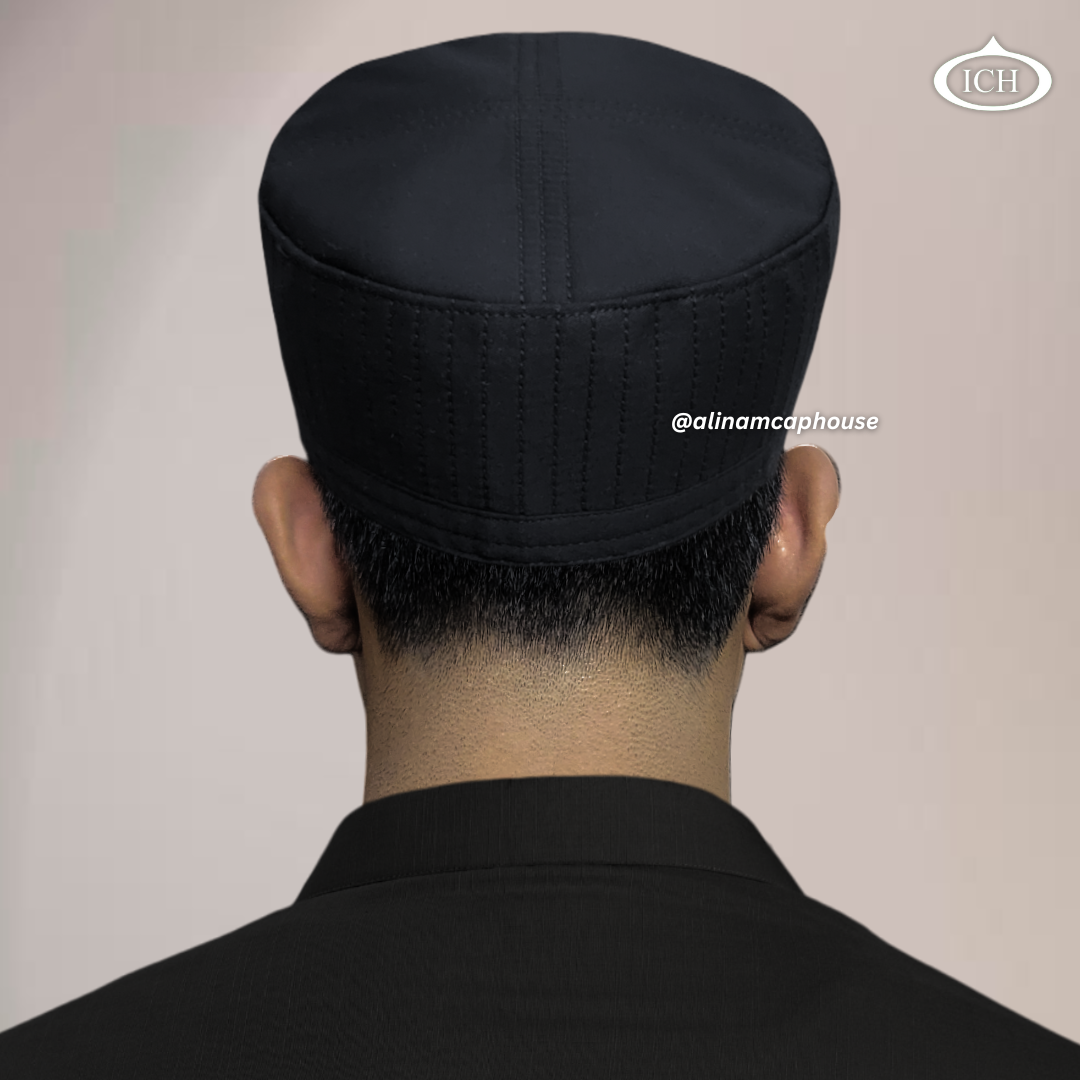 Al Inam Cap black, Islamic prayer wear, back view, handcrafted detail, AL INAM CAP HOUSE