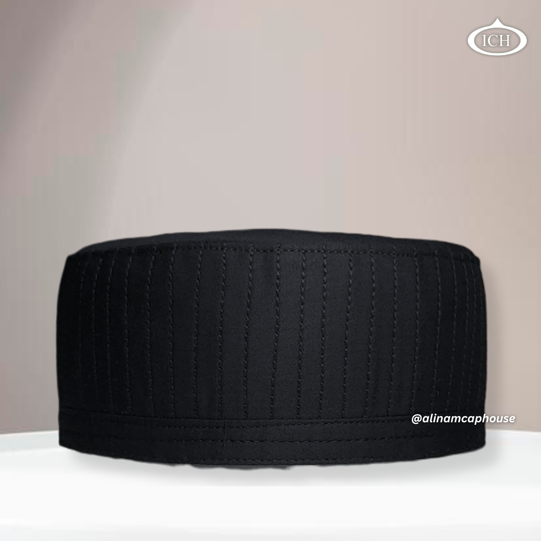 Al Inam Cap black, premium Islamic prayer cap, front view, soft breathable fabric, AL INAM CAP HOUSE