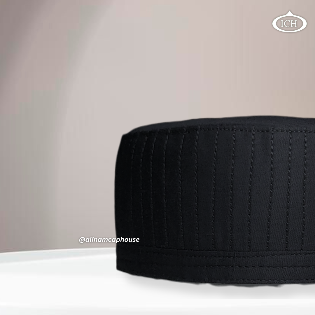 Al Inam Cap black, Muslim kufi prayer cap, side view, comfortable fit, AL INAM CAP HOUSE