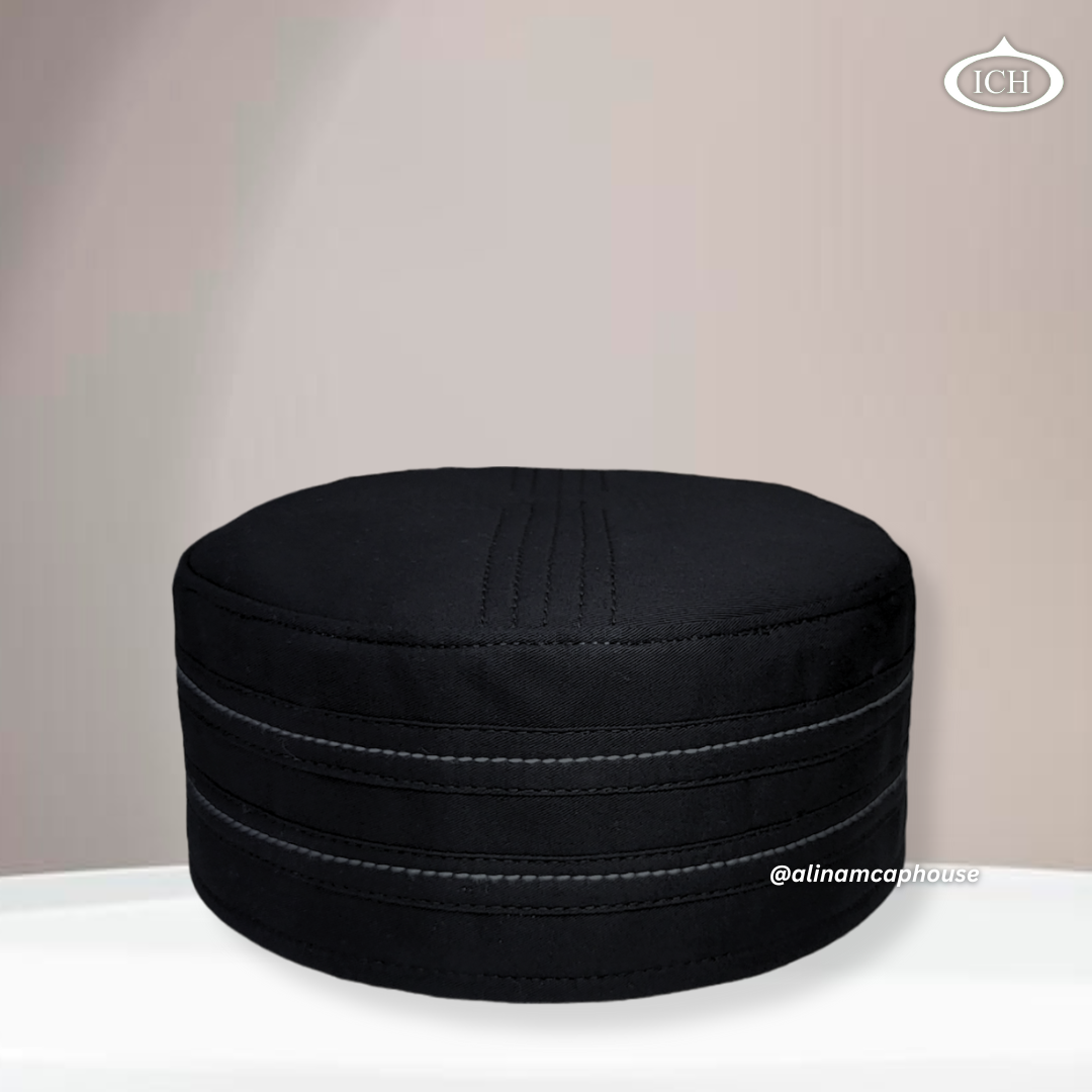 Al Inam Cap black, premium Islamic cap, angled view, tradition and devotion, AL INAM CAP HOUSE