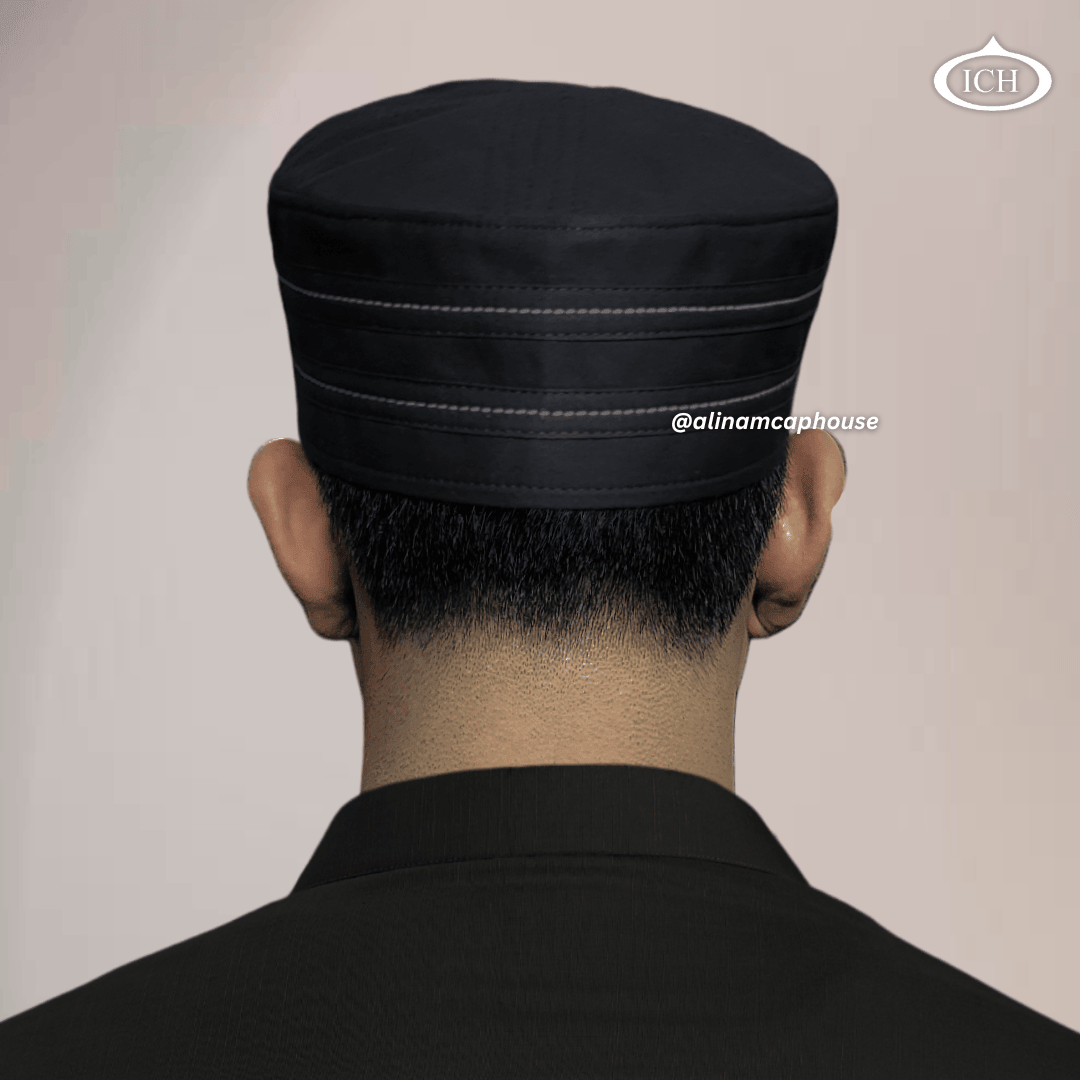 Al Inam Cap black, Islamic prayer wear, back view, handcrafted detail, AL INAM CAP HOUSE