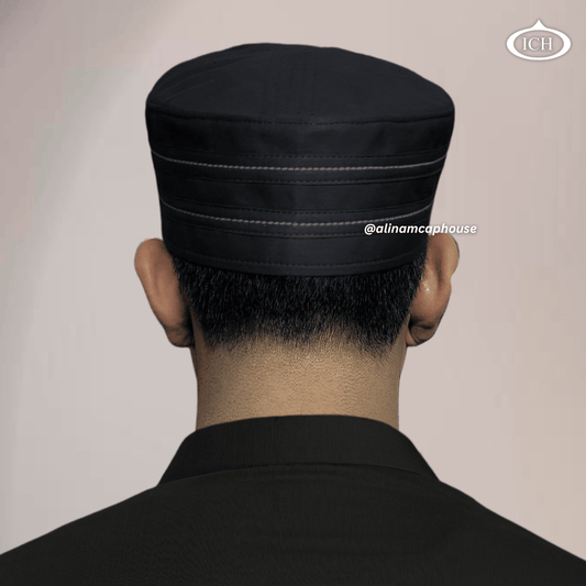 Al Inam Cap black, Islamic prayer wear, back view, handcrafted detail, AL INAM CAP HOUSE