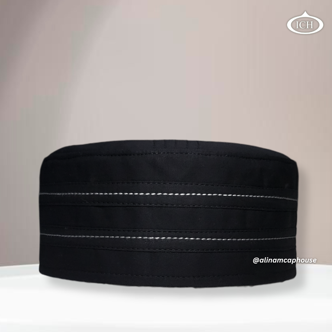 Al Inam Cap black, premium Islamic prayer cap, front view, soft breathable fabric, AL INAM CAP HOUSE