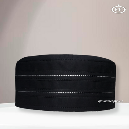 Al Inam Cap black, premium Islamic prayer cap, front view, soft breathable fabric, AL INAM CAP HOUSE