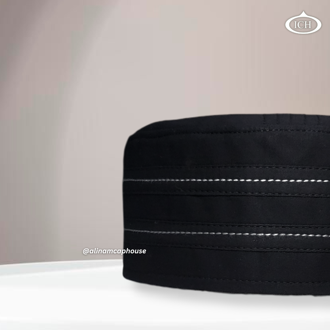 Al Inam Cap black, Muslim kufi prayer cap, side view, comfortable fit, AL INAM CAP HOUSE