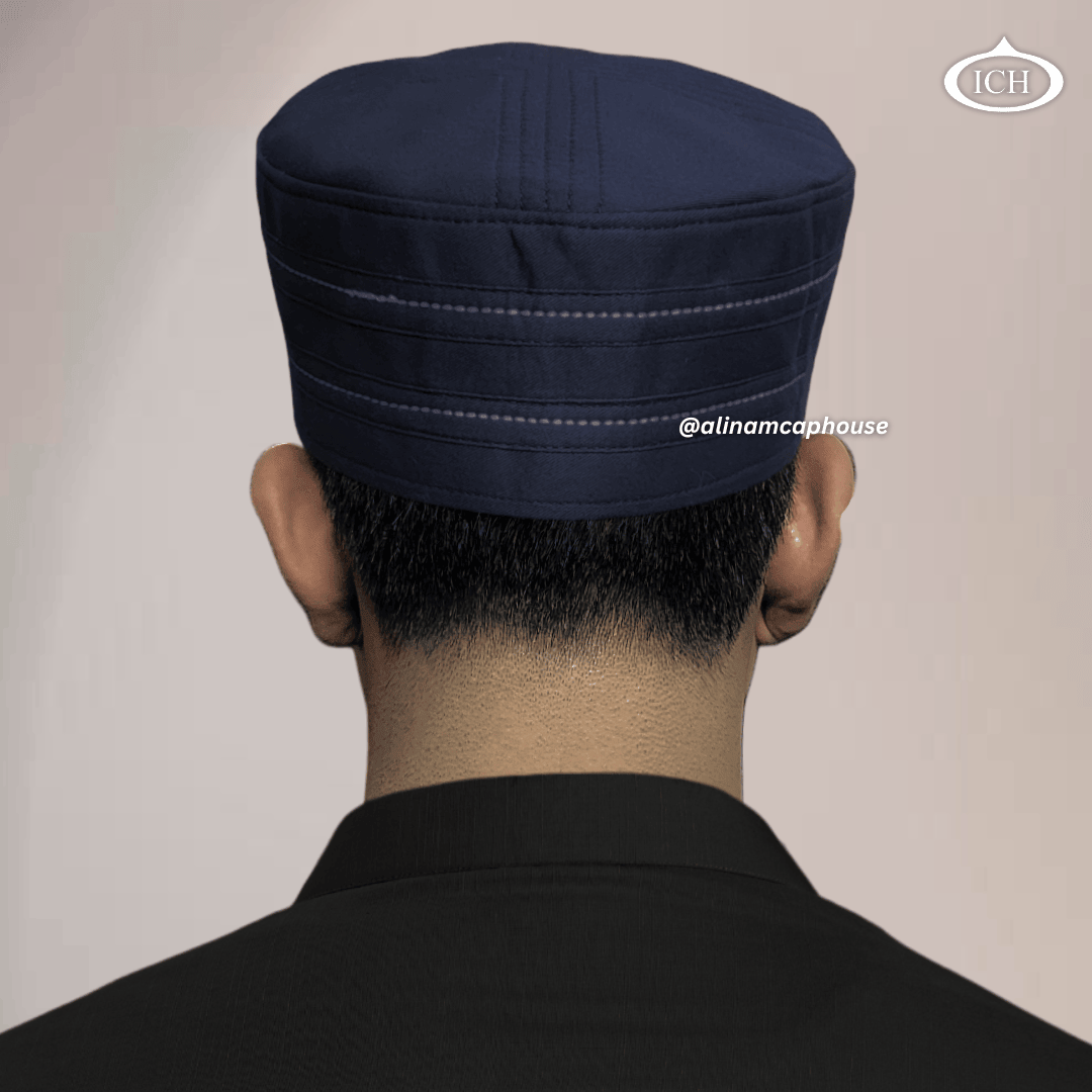Al Inam Cap blue, Islamic prayer wear, back view, handcrafted detail, AL INAM CAP HOUSE