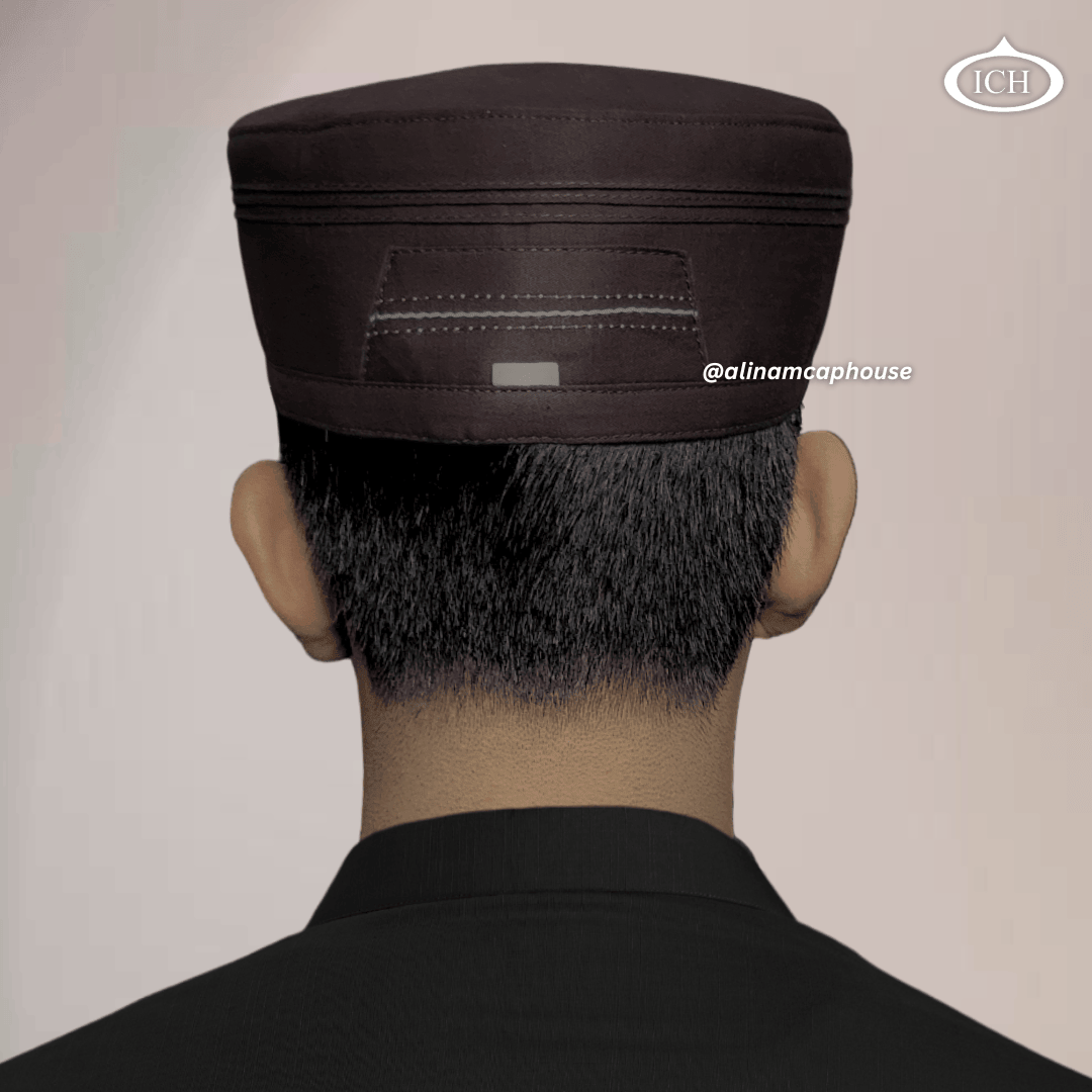 Al Inam Cap brown, Islamic prayer wear, back view, handcrafted detail, AL INAM CAP HOUSE