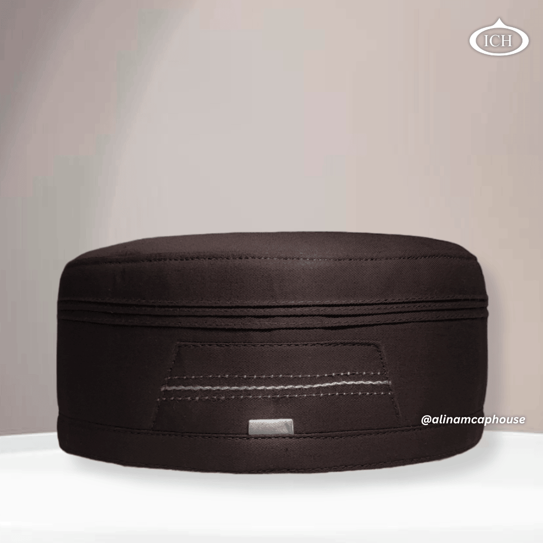 Al Inam Cap brown, signature Islamic prayer cap, front view, soft breathable fabric, AL INAM CAP HOUSE