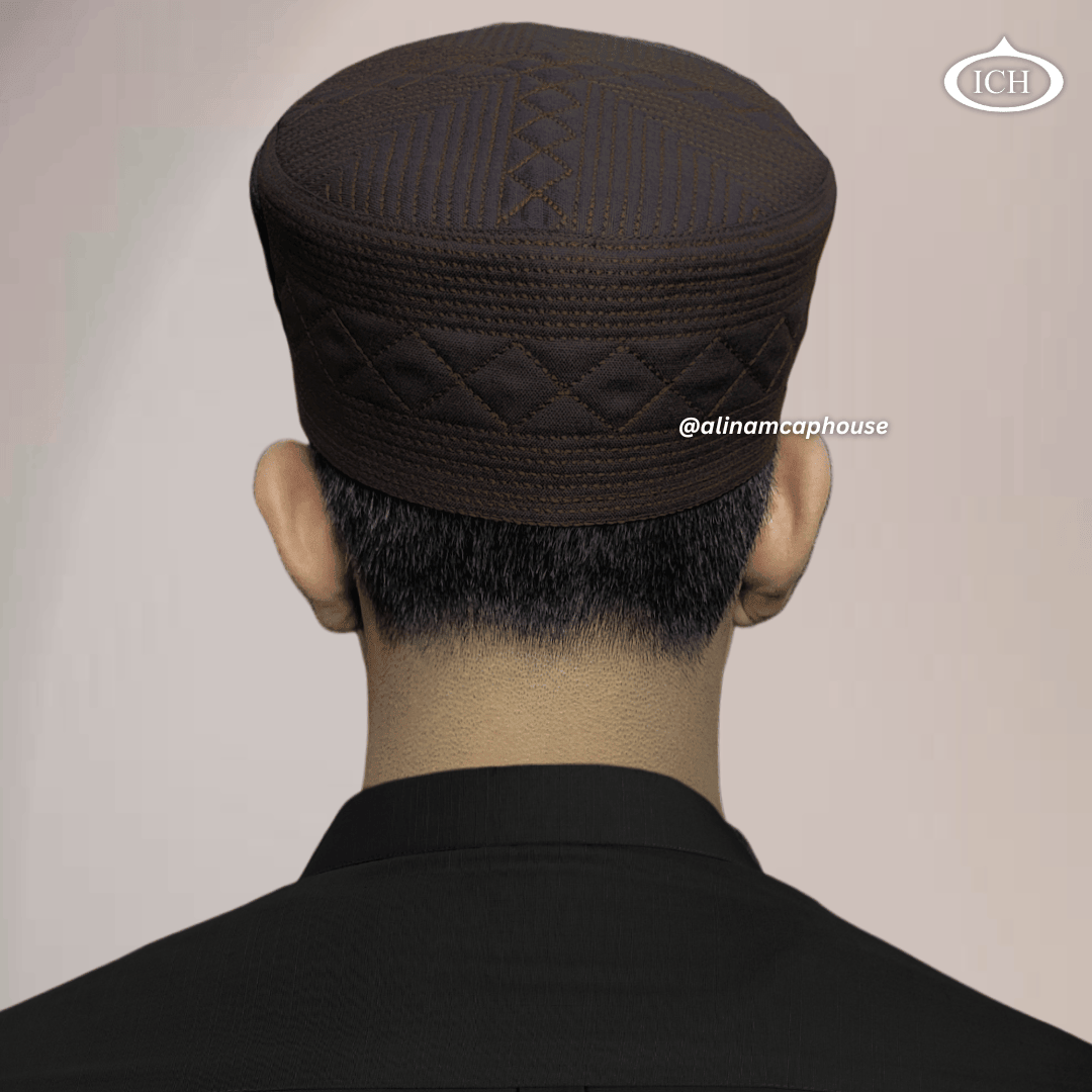 Al Inam Cap brown, Islamic prayer wear, back view, handcrafted detail, AL INAM CAP HOUSE