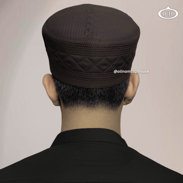 Al Inam Cap brown, Islamic prayer wear, back view, handcrafted detail, AL INAM CAP HOUSE