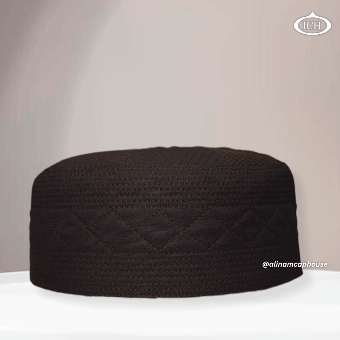 Al Inam Cap brown, signature Islamic prayer cap, front view, soft breathable fabric, AL INAM CAP HOUSE