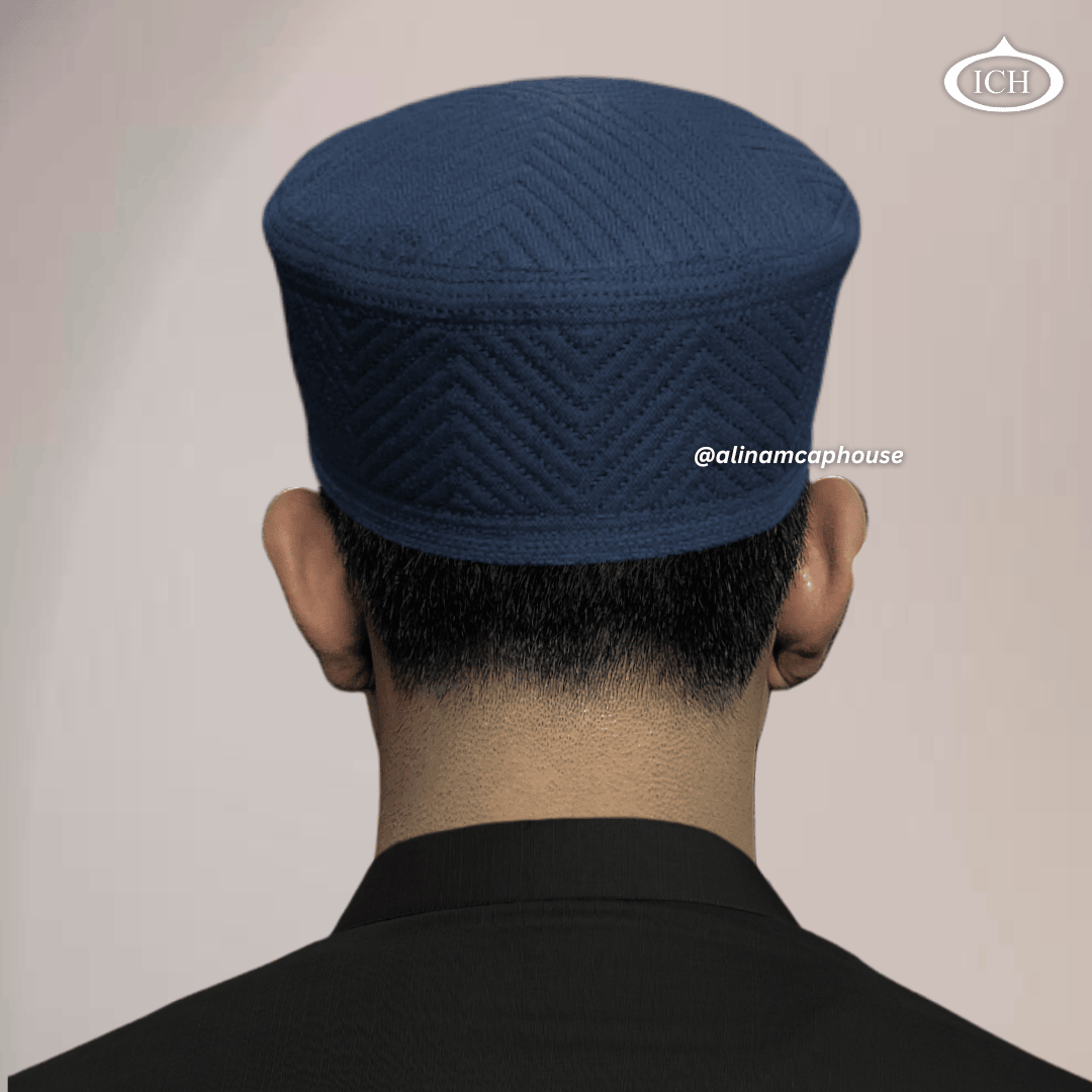 Al Inam Cap blue, Islamic prayer wear, back view, handcrafted detail, AL INAM CAP HOUSE