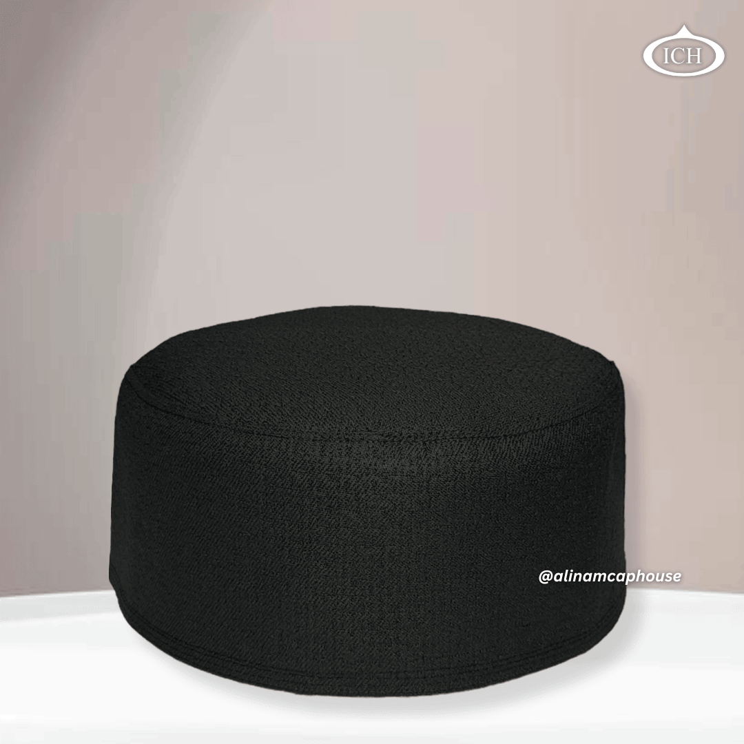 Al Inam Cap black, premium Islamic cap, angled view, tradition and devotion, AL INAM CAP HOUSE