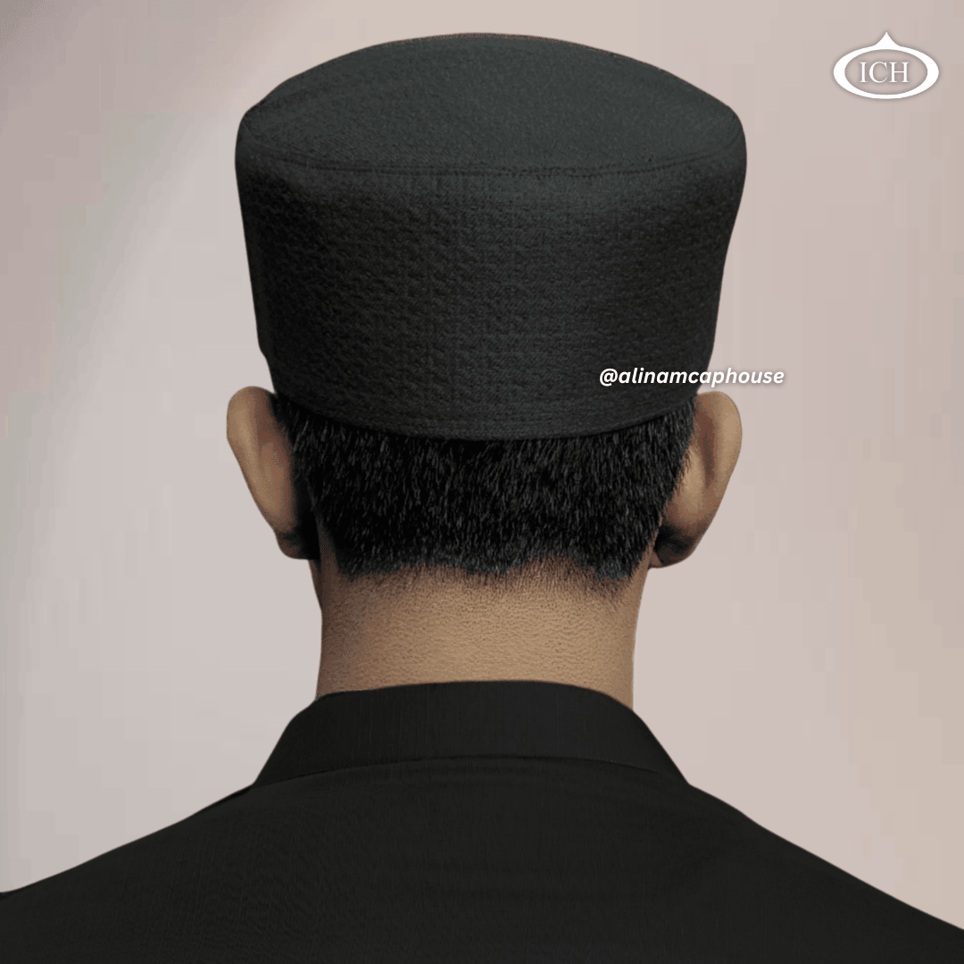 Al Inam Cap black, Islamic prayer wear, back view, handcrafted detail, AL INAM CAP HOUSE