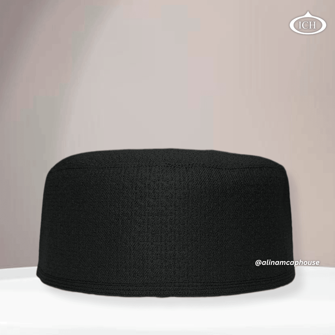 Al Inam Cap black, premium Islamic prayer cap, front view, soft breathable fabric, AL INAM CAP HOUSE