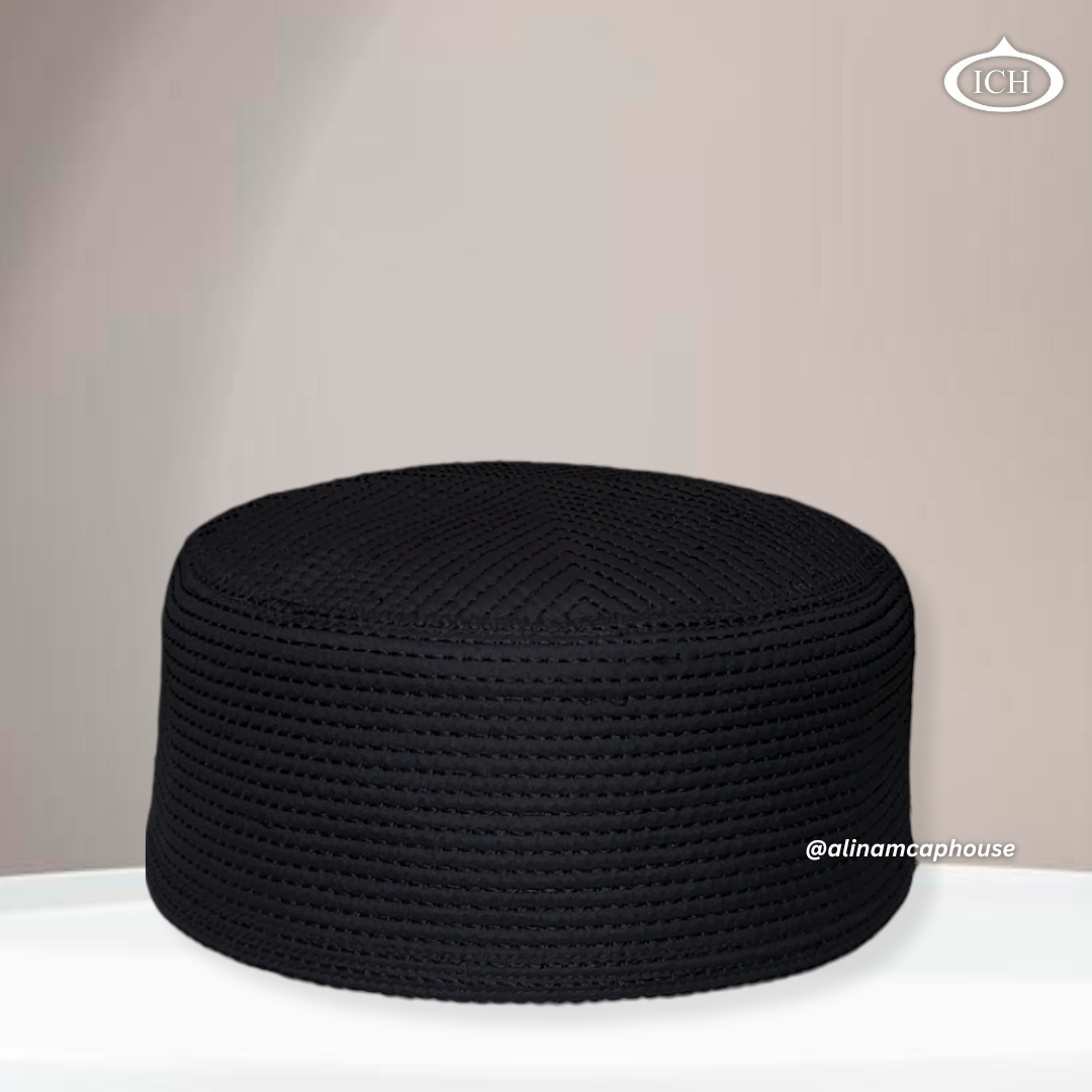 Al Inam Cap black, premium Islamic cap, angled view, tradition and devotion, AL INAM CAP HOUSE
