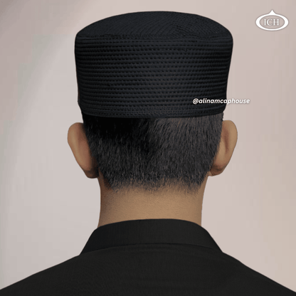 Al Inam Cap black, Islamic prayer wear, back view, handcrafted detail, AL INAM CAP HOUSE