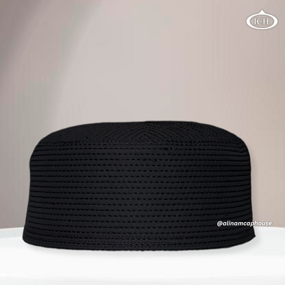 Al Inam Cap black, premium Islamic prayer cap, front view, soft breathable fabric, AL INAM CAP HOUSE