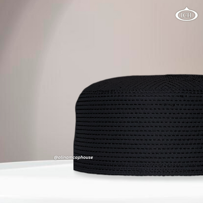 Al Inam Cap black, Muslim kufi prayer cap, side view, comfortable fit, AL INAM CAP HOUSE