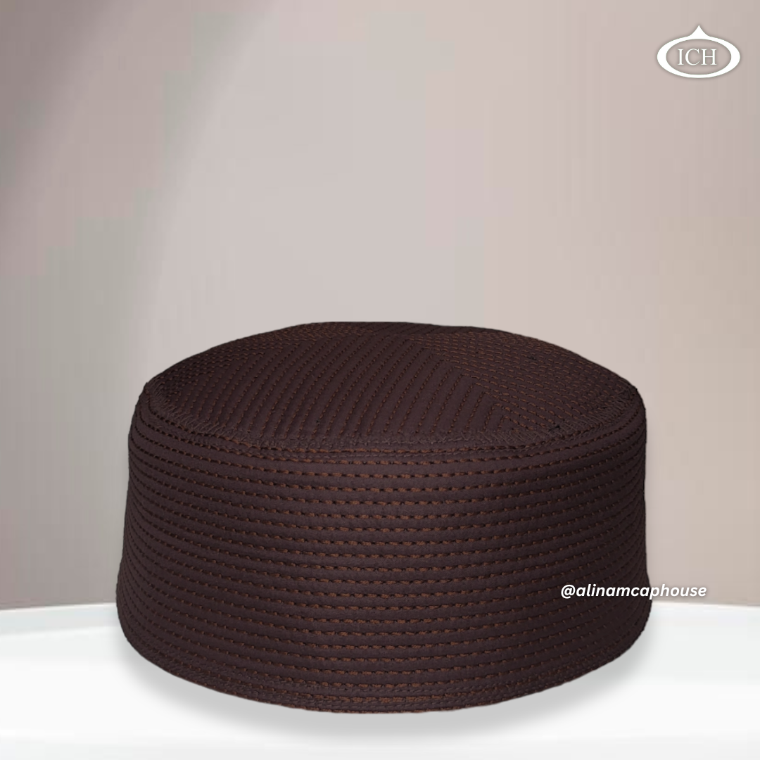 Al Inam Cap brown, premium Islamic cap, angled view, tradition and devotion, AL INAM CAP HOUSE