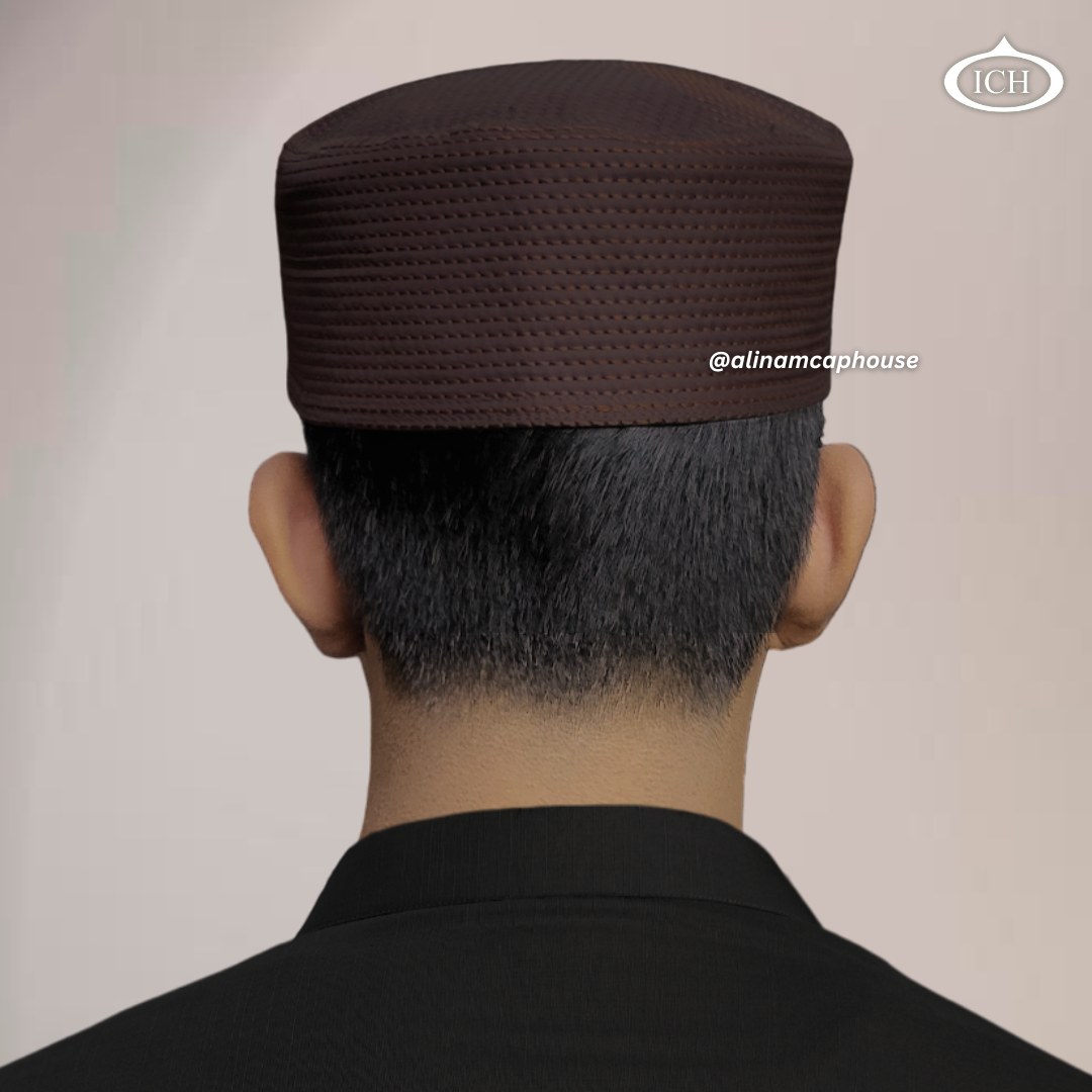 Al Inam Cap brown, Islamic prayer wear, back view, handcrafted detail, AL INAM CAP HOUSE