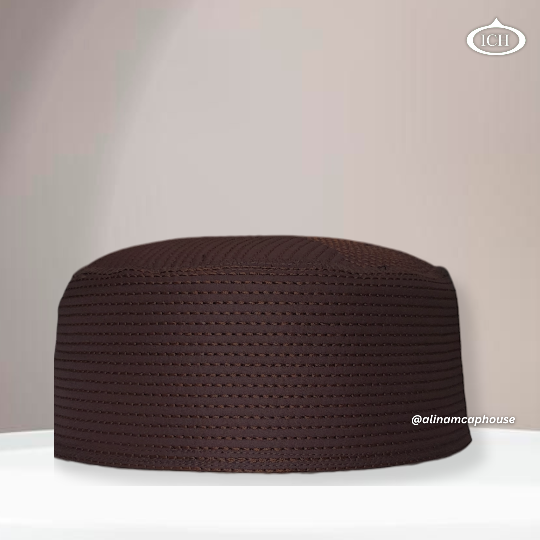 Al Inam Cap brown, premium Islamic prayer cap, front view, soft breathable fabric, AL INAM CAP HOUSE