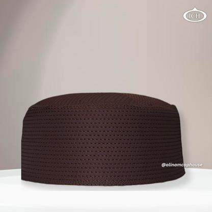 Al Inam Cap brown, premium Islamic prayer cap, front view, soft breathable fabric, AL INAM CAP HOUSE