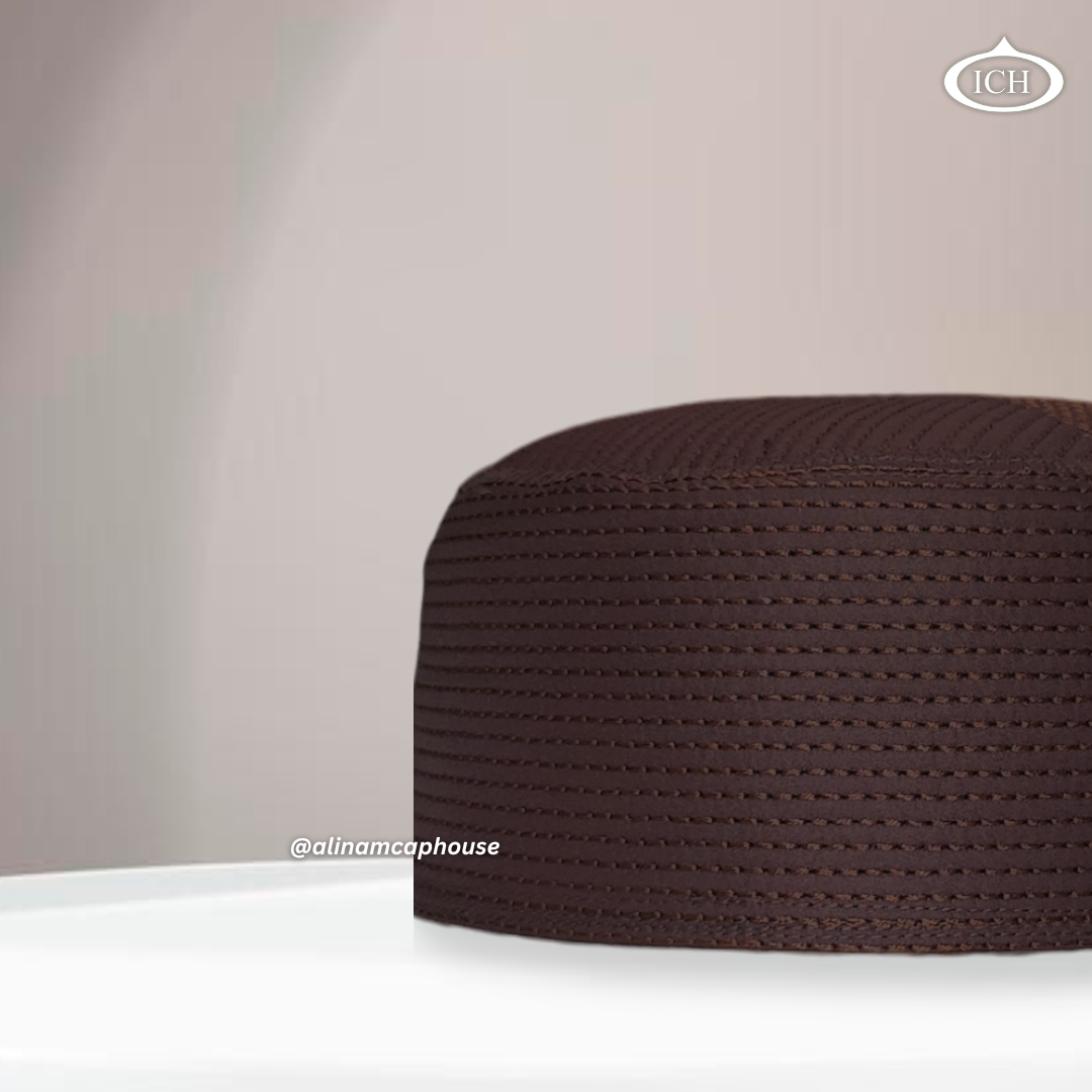 Al Inam Cap brown, Muslim kufi prayer cap, side view, comfortable fit, AL INAM CAP HOUSE